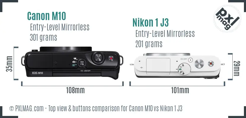 Canon M10 vs Nikon 1 J3 top view buttons comparison