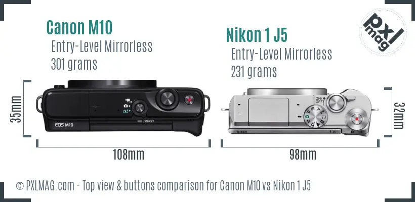 Canon M10 vs Nikon 1 J5 top view buttons comparison