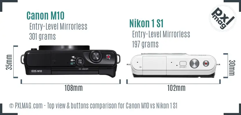 Canon M10 vs Nikon 1 S1 top view buttons comparison