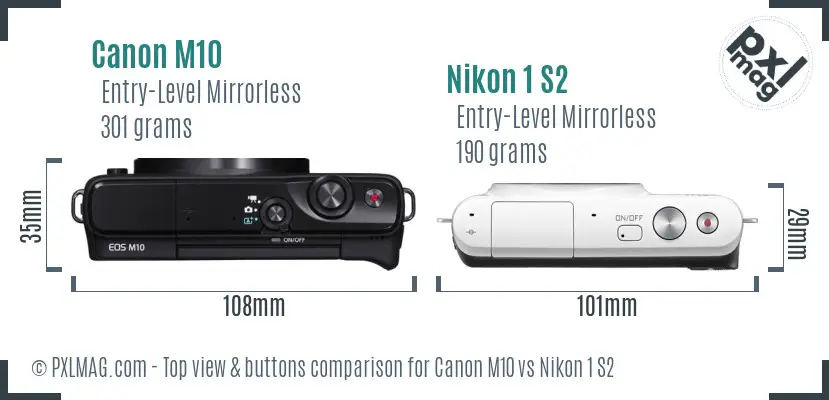 Canon M10 vs Nikon 1 S2 top view buttons comparison