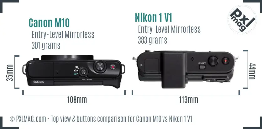 Canon M10 vs Nikon 1 V1 top view buttons comparison