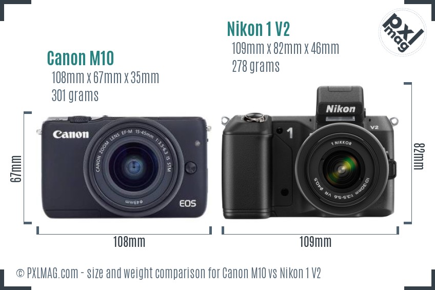 Canon M10 vs Nikon 1 V2 size comparison Canon M10 vs Nikon 1 V2 size comparison