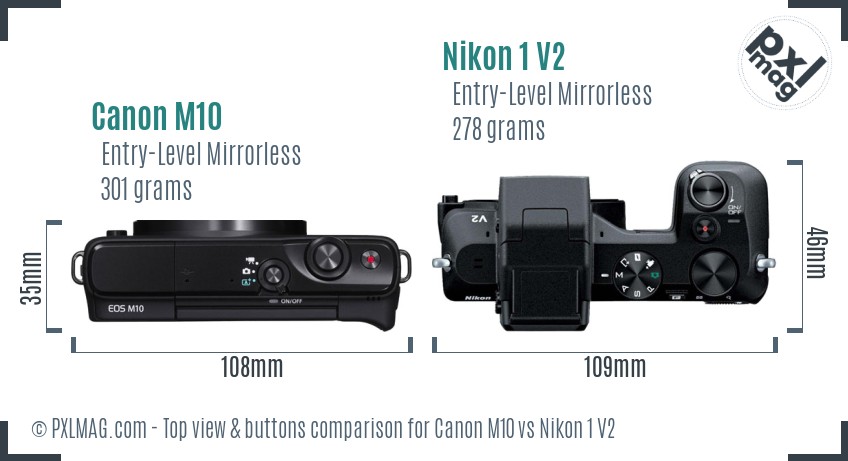 Canon M10 vs Nikon 1 V2 top view buttons comparison