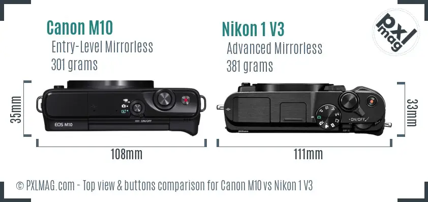 Canon M10 vs Nikon 1 V3 top view buttons comparison