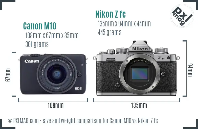 Canon M10 vs Nikon Z fc size comparison