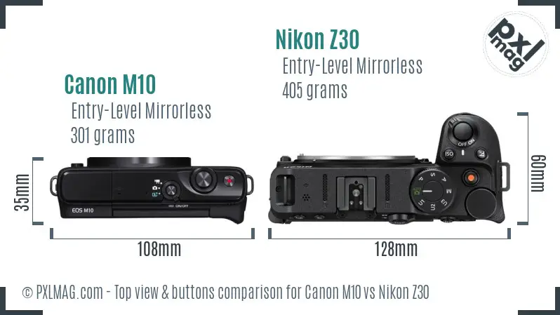 Canon M10 vs Nikon Z30 top view buttons comparison