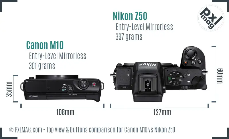 Canon M10 vs Nikon Z50 top view buttons comparison