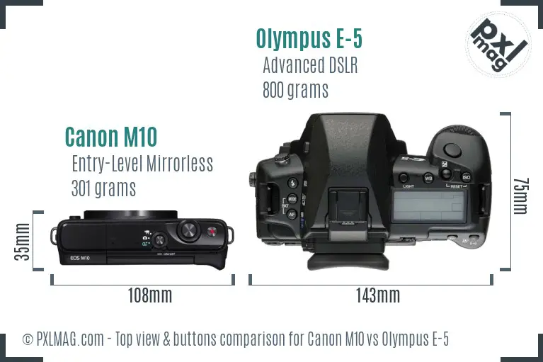 Canon M10 vs Olympus E-5 top view buttons comparison