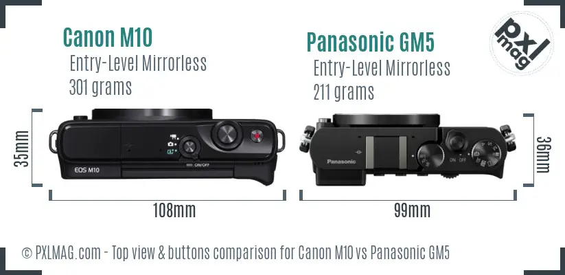 Canon M10 vs Panasonic GM5 top view buttons comparison Canon M10 vs Panasonic GM5 top view buttons comparison