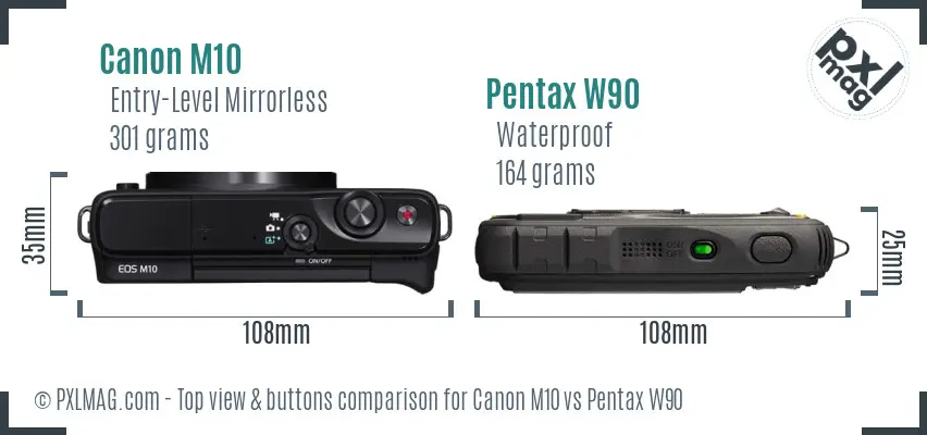 Canon M10 vs Pentax W90 top view buttons comparison