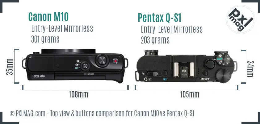Canon M10 vs Pentax Q-S1 top view buttons comparison