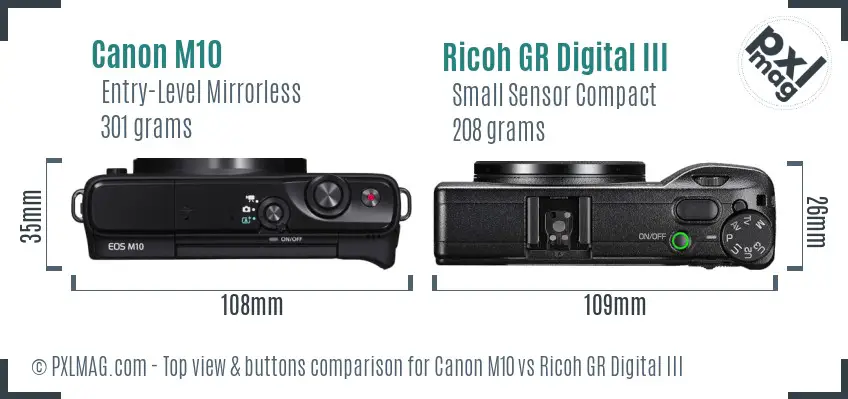 Canon M10 vs Ricoh GR Digital III top view buttons comparison