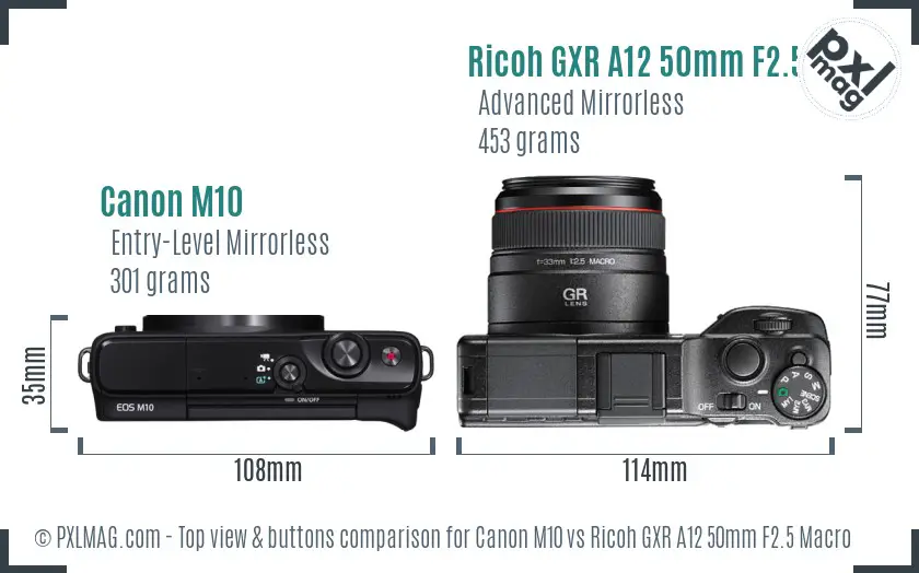 Canon M10 vs Ricoh GXR A12 50mm F2.5 Macro top view buttons comparison