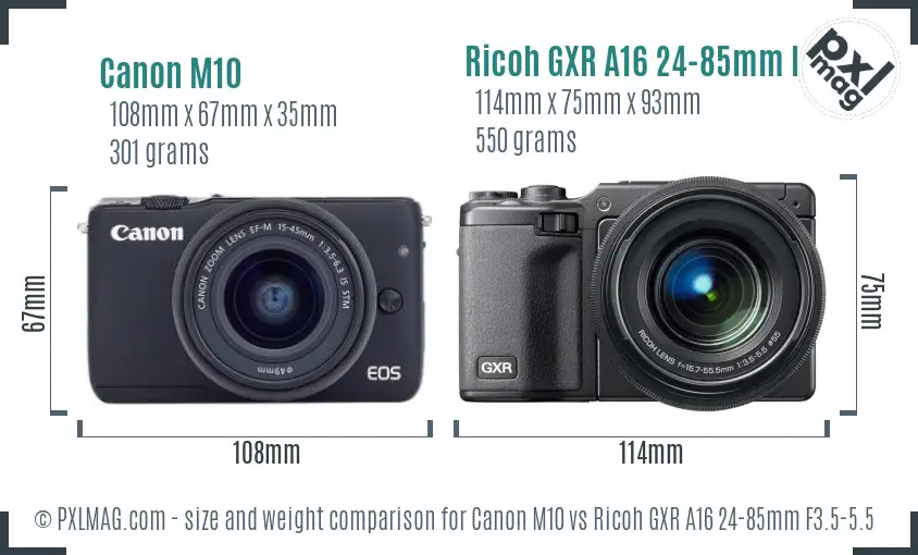 Canon M10 vs Ricoh GXR A16 24-85mm F3.5-5.5 size comparison