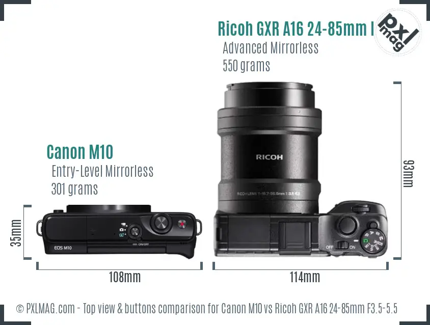 Canon M10 vs Ricoh GXR A16 24-85mm F3.5-5.5 top view buttons comparison