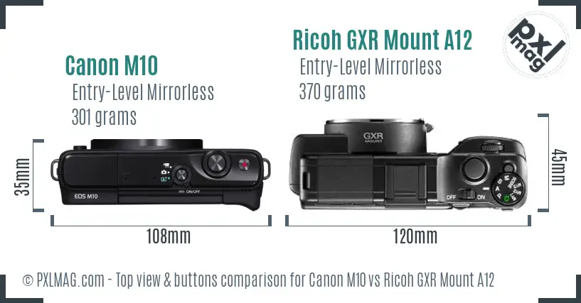 Canon M10 vs Ricoh GXR Mount A12 top view buttons comparison