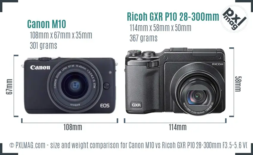 Canon M10 vs Ricoh GXR P10 28-300mm F3.5-5.6 VC size comparison