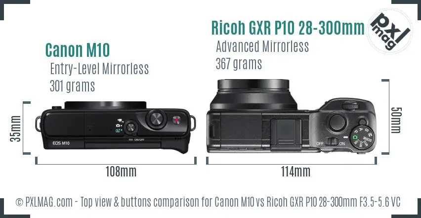 Canon M10 vs Ricoh GXR P10 28-300mm F3.5-5.6 VC top view buttons comparison