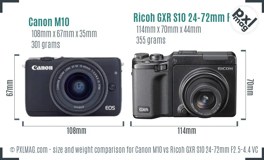 Canon M10 vs Ricoh GXR S10 24-72mm F2.5-4.4 VC size comparison