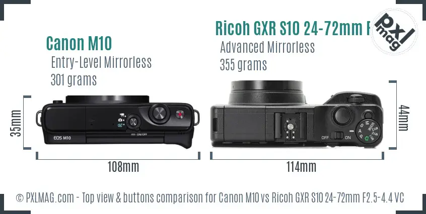 Canon M10 vs Ricoh GXR S10 24-72mm F2.5-4.4 VC top view buttons comparison