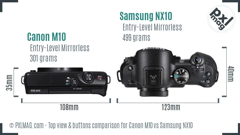 Canon M10 vs Samsung NX10 top view buttons comparison