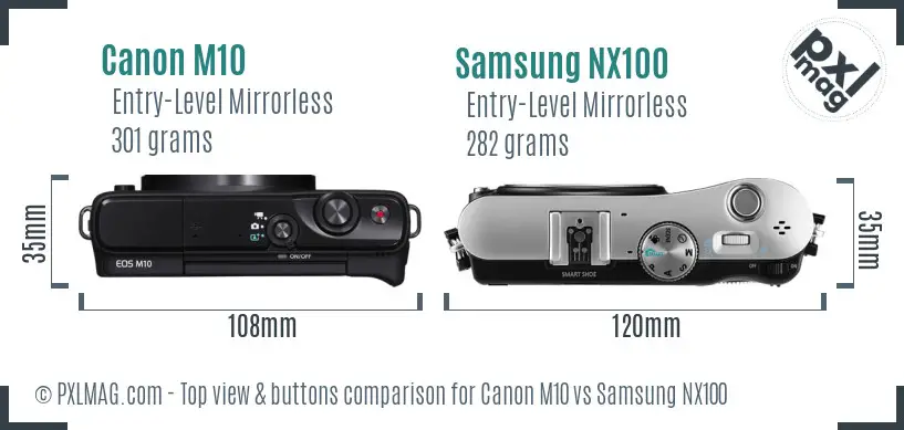 Canon M10 vs Samsung NX100 top view buttons comparison
