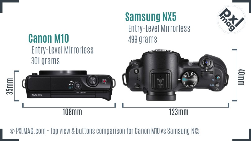 Canon M10 vs Samsung NX5 top view buttons comparison