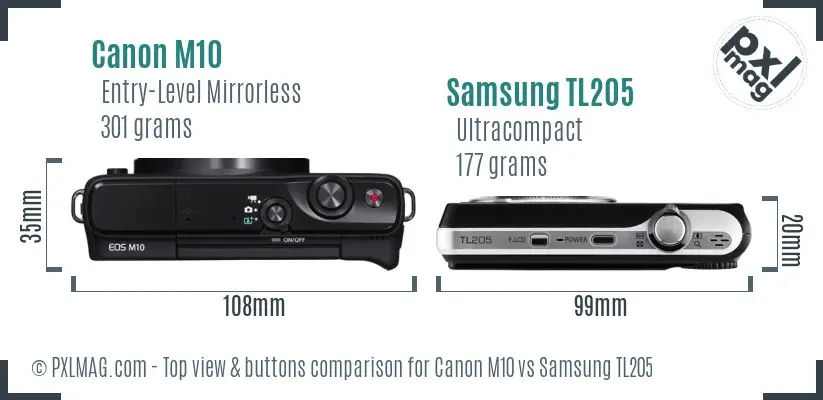 Canon M10 vs Samsung TL205 top view buttons comparison