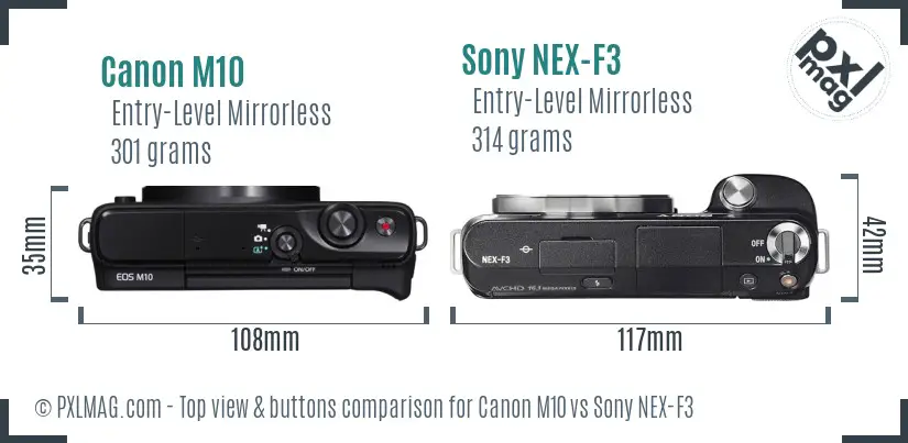 Canon M10 vs Sony NEX-F3 top view buttons comparison