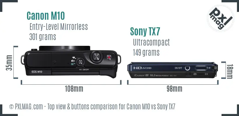Canon M10 vs Sony TX7 top view buttons comparison