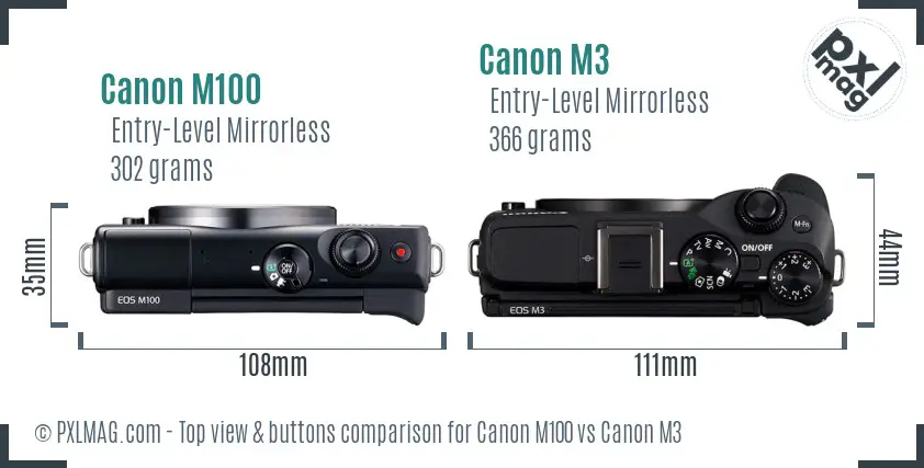Canon M100 vs Canon M3 top view buttons comparison