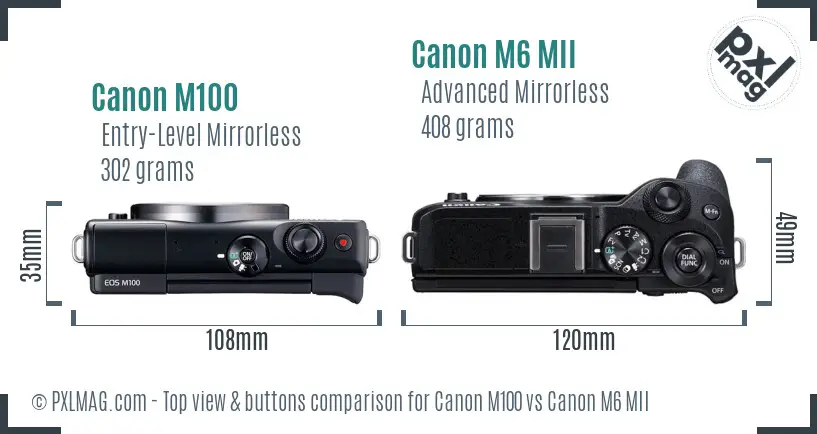 Canon M100 vs Canon M6 MII top view buttons comparison