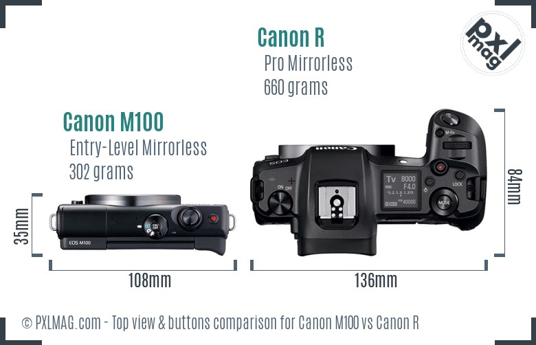 Canon M100 vs Canon R top view buttons comparison