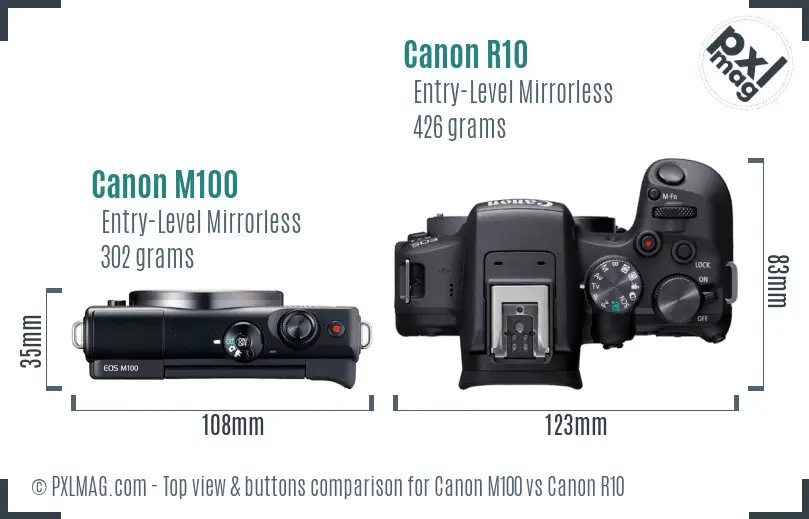 Canon M100 vs Canon R10 top view buttons comparison