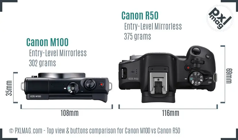 Canon M100 vs Canon R50 top view buttons comparison