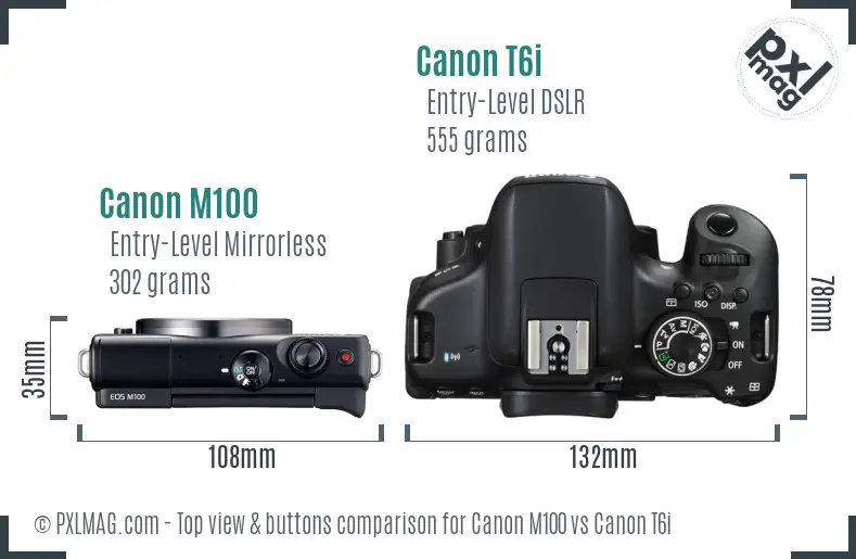 Canon M100 vs Canon T6i top view buttons comparison Canon M100 vs Canon T6i top view buttons comparison