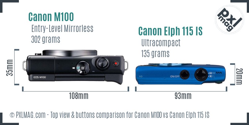 Canon M100 vs Canon Elph 115 IS top view buttons comparison