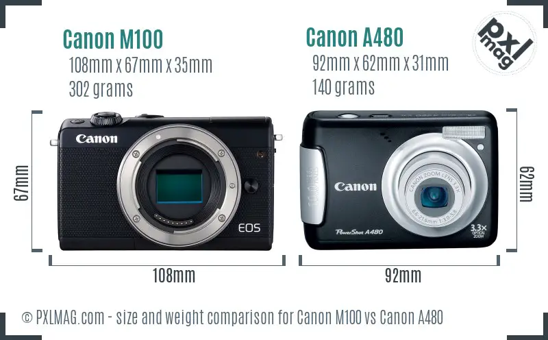 Canon M100 vs Canon A480 size comparison