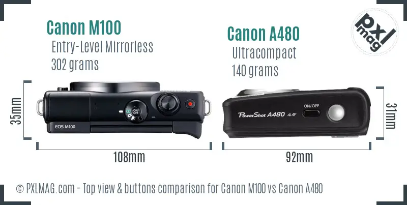 Canon M100 vs Canon A480 top view buttons comparison