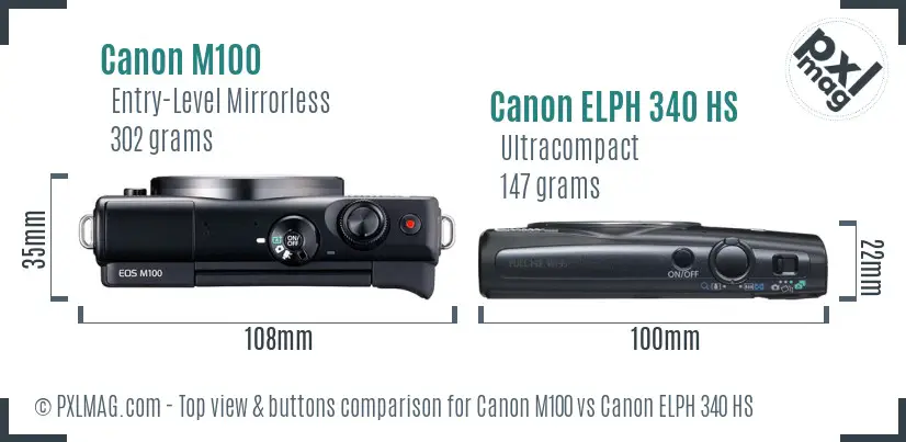 Canon M100 vs Canon ELPH 340 HS top view buttons comparison