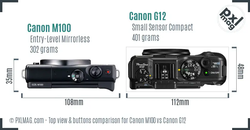 Canon M100 vs Canon G12 top view buttons comparison Canon M100 vs Canon G12 top view buttons comparison