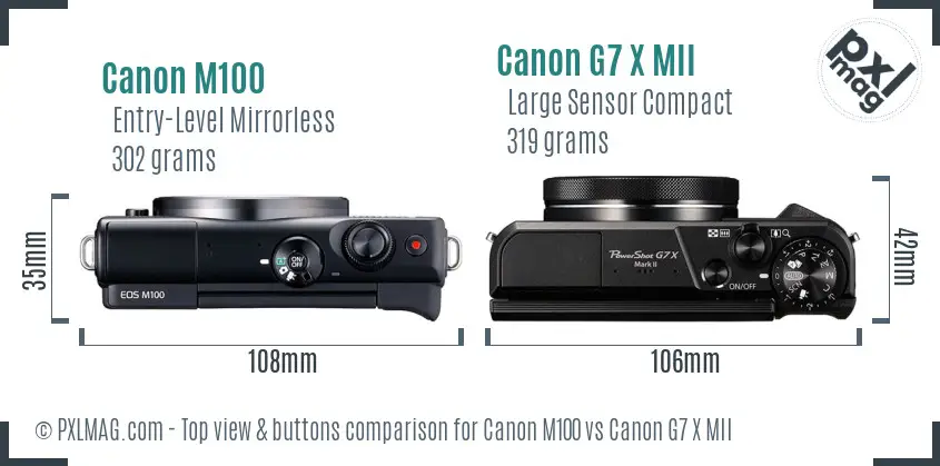 Canon M100 vs Canon G7 X MII top view buttons comparison Canon M100 vs Canon G7 X MII top view buttons comparison