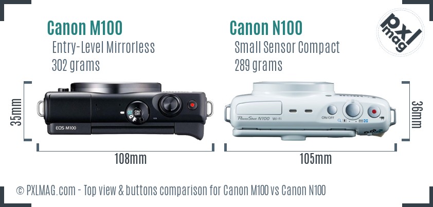 Canon M100 vs Canon N100 top view buttons comparison