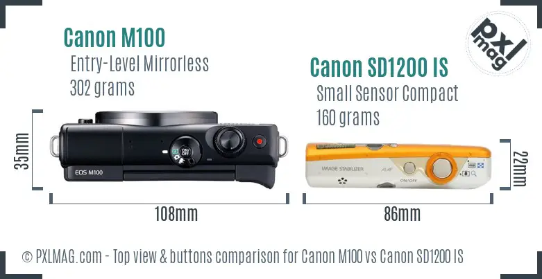 Canon M100 vs Canon SD1200 IS top view buttons comparison