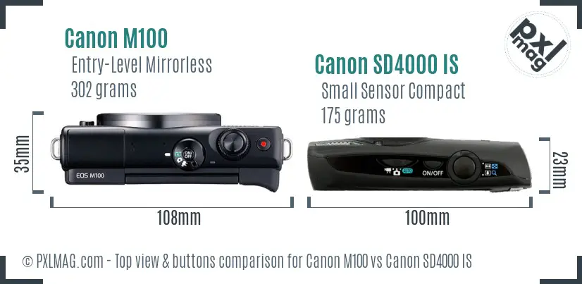 Canon M100 vs Canon SD4000 IS top view buttons comparison