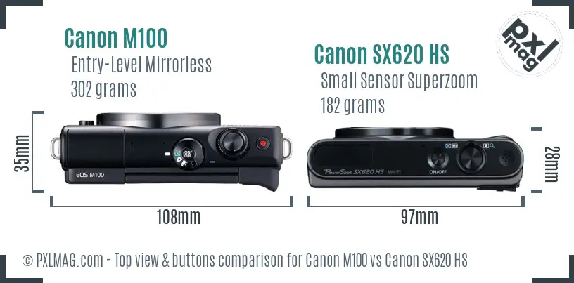 Canon M100 vs Canon SX620 HS top view buttons comparison Canon M100 vs Canon SX620 HS top view buttons comparison