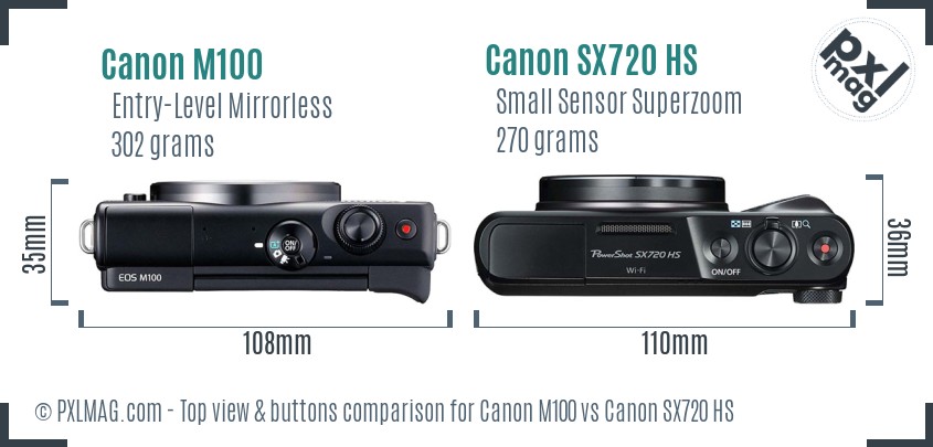 Canon M100 vs Canon SX720 HS top view buttons comparison