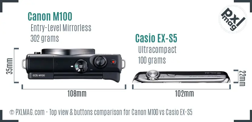 Canon M100 vs Casio EX-S5 top view buttons comparison Canon M100 vs Casio EX-S5 top view buttons comparison