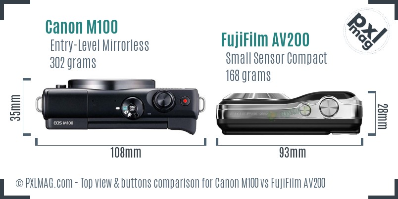 Canon M100 vs FujiFilm AV200 top view buttons comparison