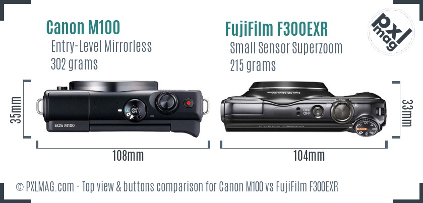 Canon M100 vs FujiFilm F300EXR top view buttons comparison